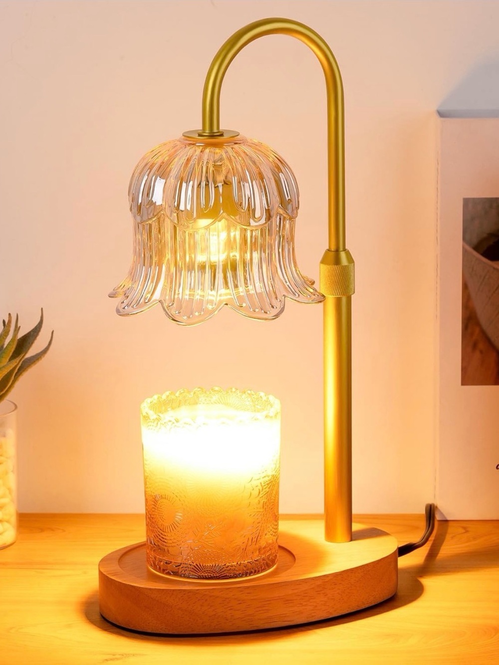 Elegant Gold Flower Candle Warmer Lamp with Dimmer & Timer